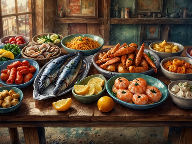 Auf dem Bild sind verschiedene kulinarische Köstlichkeiten zu sehen, die typisch für die Seychellen sind. Im Mittelpunkt stehen frische Meeresfrüchte wie Garnelen und Fische, die die reiche maritime Tradition der Inseln widerspiegeln. Dazu gibt es eine Auswahl an Gemüse, knackigem Salat und exotischen Früchten, die den tropischen Geschmack unterstreichen.Die Präsentation auf dem Tisch vermittelt ein Gefühl von Gastfreundschaft und Genuss, das für das Essen in der Seychellen-Kultur typisch ist. Eine Schale mit Reis oder Nudeln könnte auch Teil eines traditionellen Festmahls sein, das oft mit verschiedenen Gewürzen und Aromen zubereitet wird. Alles in allem spiegelt das Bild die Vielfalt und den Reichtum der kulinarischen Genüsse der Seychellen wider.