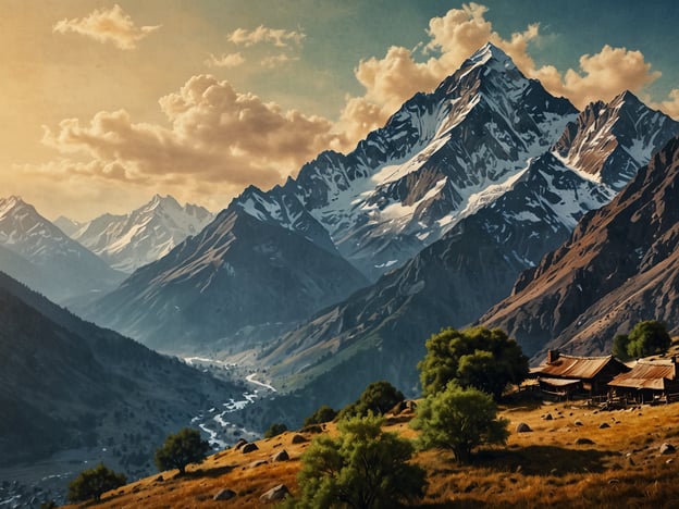 Nepal ist ein Land voller atemberaubender Wunder, das für seine majestätischen Berge, reiche Kultur und unberührte Natur bekannt ist.Auf dem Bild sind beeindruckende Berglandschaften zu sehen, die von schneebedeckten Gipfeln dominiert werden. Die Felsen und Täler sind in warmen Farben gehalten, während sich ein sanfter Fluss durch die Landschaft schlängelt. Im Vordergrund befinden sich einige Holzhäuser und grüne Bäume, die die idyllische Szenerie abrunden. Das Bild vermittelt ein Gefühl von Ruhe und Erhabenheit, typisch für die atemberaubende Natur Nepals.