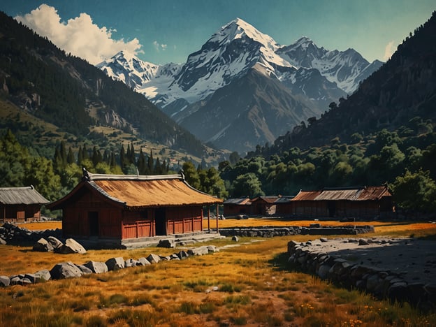 Auf dem Bild sind malerische Berge und traditionelle Gebäude zu sehen, die eine Szene der Himalaya-Region widerspiegeln, die an Nepal erinnert.**Reisetipps für Nepal:**1. **Trekking:** Nepal ist bekannt für seine atemberaubenden Trekkingrouten. Beliebte Strecken sind das Annapurna Base Camp und der Everest Base Camp Trek. Achte darauf, gut vorbereitet zu sein und die Akklimatisierung ernst zu nehmen.2. **Kultur erleben:** Besuche die verschiedenen Tempel und Stupas, wie den Swayambhunath (Affentempel) in Kathmandu, um mehr über die reiche Kultur und Religion Nepals zu erfahren.3. **Beste Reisezeit:** Die beste Zeit für einen Besuch sind die Monate März bis Mai und September bis November, wenn das Wetter stabil ist und die Aussicht auf die Berge klarer ist.4. **Essen:** Probiere traditionelle nepalesische Gerichte wie Dal Bhat und Momos. Diese sind nicht nur köstlich, sondern auch eine großartige Möglichkeit, die lokale Kultur kennenzulernen.5. **Lokale Transportmittel:** Nutze lokale Busse und Taxis, um die Städte zu erkunden. In ländlichen Gebieten kann es jedoch hilfreich sein, auch auf Trekking oder Fahrräder umzusteigen.Mit diesen Tipps kannst du das Beste aus deiner Reise nach Nepal machen!
