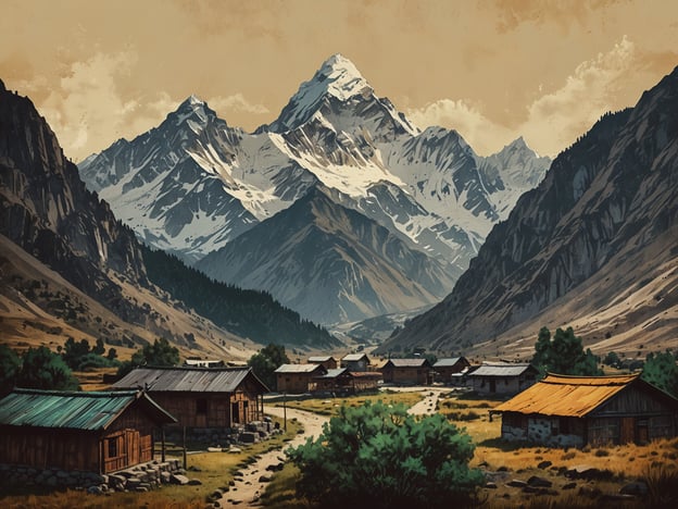 Das Bild zeigt eine beeindruckende Berglandschaft, die an die faszinierende Natur Bhutans erinnert. Majestätische, schneebedeckte Berge erheben sich über das Tal, während traditionelle Holzgehäuse in der malerischen Umgebung stehen. Die harmonische Verbindung von Bergen und ländlicher Architektur spiegelt die natürliche Schönheit und kulturelle Authentizität Bhutans wider. Die sanften Hügel und die üppige Vegetation tragen zur friedlichen Atmosphäre bei, die typisch für diese Region ist.