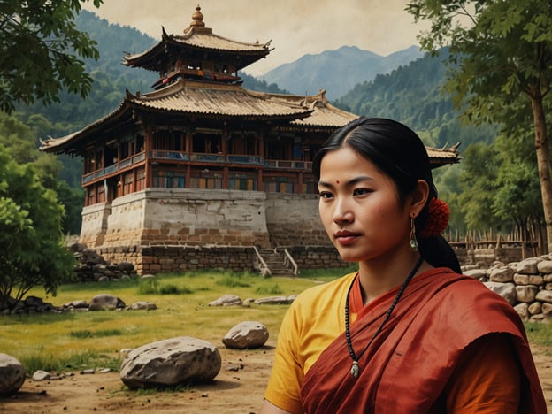 Auf dem Bild ist eine Frau in traditioneller bhutanischer Tracht zu sehen, die eine rot-orangene Kleidung trägt. Ihre Kleidung und die Accessoires spiegeln die kulturellen Werte Bhutans wider, wo Tradition und Spiritualität eine zentrale Rolle spielen. Im Hintergrund steht ein typisches bhutanisches Gebäude, möglicherweise ein Kloster oder eine Dzong, das oft in malerischer Umgebung errichtet ist.In Bhutan hat die Kultur tiefe Wurzeln in der buddhistischen Religion, was sich in der Architektur, den Ritualen und dem Lebensstil der Menschen zeigt. Die Frau könnte an einem geschäftigen Tag im Dorf oder während einer kulturellen Feier fotografiert worden sein. Die Verwendung von Farben und die natürliche Umgebung in Kombination mit der Architektur werden oft in der bhutanischen Kultur geschätzt, und sie repräsentieren eine harmonische Verbindung zwischen Mensch und Natur.