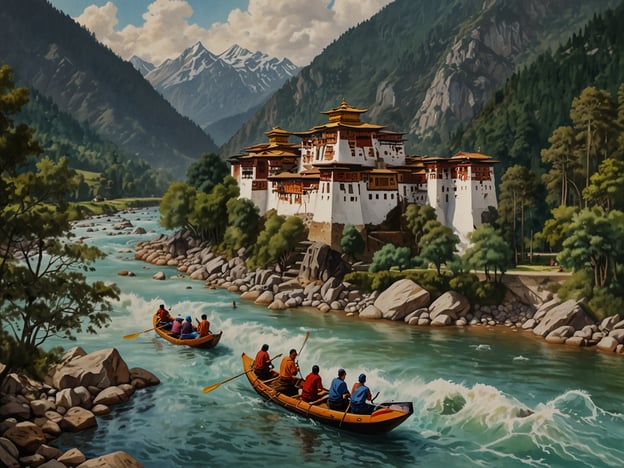 Auf dem Bild sieht man eine malerische Landschaft in Bhutan mit einem beeindruckenden Kloster im Hintergrund, umgeben von majestätischen Bergen. Im Vordergrund sind mehrere Kanus zu sehen, die einen aufregenden Flussabenteuer unternehmen.Diese Szene könnte die Aktivitäten des Wildwasser-Raftings darstellen, das in Bhutan sehr beliebt ist, besonders in den klaren, lebhaften Flüssen des Landes. Abenteurer können hier nicht nur die beeindruckende Landschaft genießen, sondern auch die kulturellen Schätze Bhutan, wie die Klöster und Tempel, erkunden, die oft an den Berghängen liegen. Neben Rafting könnten auch Wanderungen und Trekkingtouren durch die atemberaubenden Täler eine wichtige Rolle bei einem Abenteuer in Bhutan spielen.