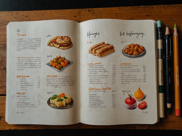 Auf dem Bild sieht man eine handgeschriebene Speisekarte mit verschiedenen Gerichten und Leckereien. Die Illustrationen zeigen eine Vielzahl von Speisen, darunter Brot, Snacks und verschiedene Beilagen.Wenn du auf Reisen bist und solche Speisen entdeckst, empfehle ich,:1. **Lokale Küche ausprobieren**: Nutze die Chance, um authentische Gerichte zu probieren, die oft frisch zubereitet werden.2. **Märkte besuchen**: Oft kannst du auf lokalen Märkten viele verschiedene Snacks und Mahlzeiten probieren. Das Erlebnis, die Zutaten und Zubereitung zu sehen, ist einmalig.3. **Street Food**: Achte auf Straßenstände, die beliebt sind – die Einheimischen wissen oft, wo man die besten Speisen findet.4. **Kochkurse**: In vielen Regionen gibt es die Möglichkeit, an Kochkursen teilzunehmen, um zu lernen, wie man traditionelle Gerichte selbst zubereitet.Vergiss nicht, ausreichend Wasser zu trinken und auf Hygiene zu achten, besonders wenn du an unbekannten Orten isst!