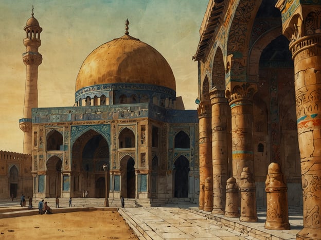 Auf dem Bild ist eine beeindruckende architektonische Struktur zu sehen, die typischerweise in der islamischen Architektur des Iran vorkommt. Der große, kuppelförmige Aufbau mit der goldenen Kuppel und die kunstvollen Verzierungen deuten darauf hin, dass es sich um einen historischen religiösen oder kulturellen Bau handeln könnte, möglicherweise eine Moschee oder ein wichtiger Palast.In der Geschichte des Iran, insbesondere während der Safawiden-Dynastie (1501-1736), erlebte die Architektur eine Blütezeit. Die Verwendung geometrischer Muster, Kachelarbeiten und das Spiel von Licht und Schatten sind charakteristisch für diese Zeit. Solche Bauwerke, wie die Imam-Moschee in Isfahan, Zeichnen sich durch ihre majestätische Präsenz und den Einsatz von Farben und Ornamenten aus, die oft Geschichten aus der islamischen Tradition erzählen.Das Bild vermittelt somit nicht nur die Schönheit der iranischen Architektur, sondern spiegelt auch die kulturelle und religiöse Geschichte des Landes wider.
