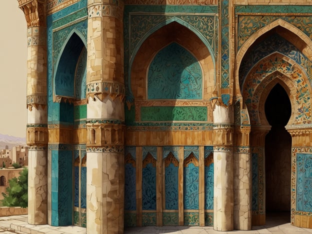 Auf dem Bild ist eine architektonische Struktur zu sehen, die stark von der traditionellen iranischen Architektur inspiriert ist. Die Elemente umfassen hohe Bögen und reich verzierte Säulen, die mit farbenfrohen mosaikartigen Mustern geschmückt sind. Diese Muster sind charakteristisch für die islamische Kunst im Iran, die oft geometrische Formen und florale Motive integriert.Die Verwendung von türkis- und goldfarbenen Fliesen vermittelt ein Gefühl von Pracht und Eleganz, das oft in historischen Monumenten, wie Moscheen oder Mausoleen, zu finden ist. Die Detailgenauigkeit der Ornamente reflektiert die hohe Kunstfertigkeit und die kulturelle Bedeutung der Architektur im Iran, wo Kunst und Architektur eng miteinander verbunden sind.