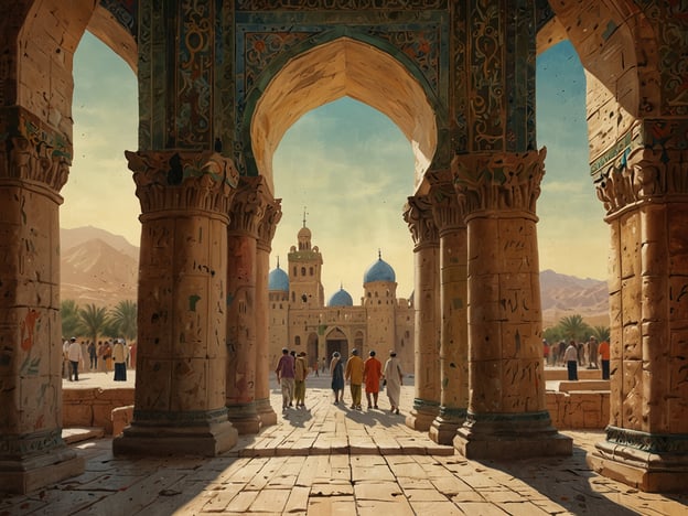 Auf dem Bild ist eine architektonische Szene zu sehen, die möglicherweise an die historischen und kulturellen Elemente des Iraks erinnert. Im Vordergrund erkennt man hohe Säulen mit kunstvollen Verzierungen und Hieroglyphen, die auf die Bedeutung der Architektur in der Region hinweisen. Der Durchblick zeigt eine Art von Moschee oder religiösem Gebäude mit charakteristischen blauen Kuppeln, umgeben von einer landschaftlichen Kulisse mit Bergen und Palmen.Der Irak hat eine reiche kulturelle Geschichte und gilt als Wiege der Zivilisation, insbesondere bekannt für seine antiken Städte wie Babylon und Ur. Die islamische Architektur ist ein zentraler Teil des kulturellen Erbes, was in der eleganten Gestaltung der Minarette und Kuppeln zum Ausdruck kommt. Diese Elemente reflektieren den Einfluss von Kunst und Religion auf das tägliche Leben im Irak, wo Tradition und Geschichte tief verwurzelt sind. Die dargestellte Szene könnte somit ein Symbol für die Verbindung von religiöser Identität und kulturellem Erbe im irakischen Kontext sein.