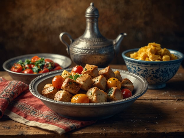 Auf dem Bild sind verschiedene Gerichte zu sehen, die typisch für die irakische Küche sind. Die Speisen könnten klassische Komponenten eines irakischen Festmahls darstellen, was in vielen arabischen Kulturen eine wichtige Rolle spielt.Im Vordergrund sieht man wahrscheinlich gebratene oder frittierte Brotwürfel, die oft in Salaten oder als Beilage zu verschiedenen Gerichten verwendet werden. Die kleinen, bunt gefärbten Tomaten könnten als frischer Salat serviert werden, der oft mit Kräutern wie Petersilie oder Minze zubereitet wird.Im Hintergrund könnte ein Gericht mit Kartoffeln oder Reis zu sehen sein, was ebenfalls in der irakischen Küche häufig vorkommt. Reis, oft würzig und mit verschiedenen Aromen zubereitet, ist ein zentrales Element bei vielen feierlichen Anlässen, wie dem überliefernden Festmahl nach dem Fastenmonat Ramadan.Die Verwendung der traditionellen Silbergefäße deutet zudem auf eine kulturelle Wertschätzung und Tradition. In vielen irakischen Haushalten ist es üblich, bei besonderen Anlässen aus schönem Geschirr zu servieren, um die Gäste zu ehren. Insgesamt spiegelt dieses Bild die Gemeinschaft und Gastfreundschaft wider, die in der irakischen Kultur stark verankert ist.