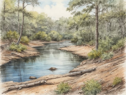 Die Szenerie zeigt eine friedliche Landschaft im Bladen Nature Reserve. Ein ruhiger, glatter Fluss schlängelt sich durch die unberührte Wildnis, umgeben von üppigem, grünem Bewuchs und hohen Bäumen. Am Ufer gibt es sandige Bereiche, die sanft in das Wasser übergehen. Einige Steine und umgestürzte Baumstämme liegen in der Nähe des Wassers, während das Licht durch die Baumkronen fällt und die natürliche Schönheit dieser unglaublichen Artenvielfalt beleuchtet.