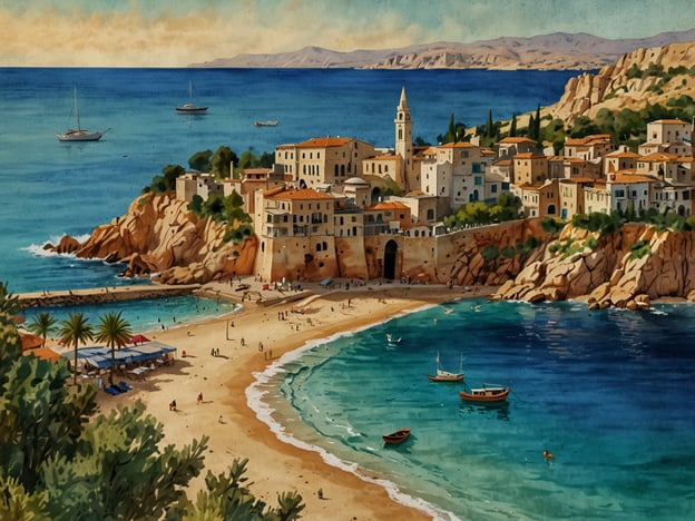 Das Bild zeigt eine malerische Küstenlandschaft, die an den Libanon erinnert. Im Vordergrund erstreckt sich ein schöner Sandstrand mit strahlend blauem Wasser, umgeben von Palmen und kleinen Booten, die im Wasser treiben. Im Hintergrund sieht man eine charmante Küstenstadt mit traditionellen Gebäuden und einem Kirchturm, der über die Architektur hinausragt. Die Umgebung ist von felsigen Ufern und sanften Hügeln geprägt, die die Schönheit der libanesischen Küste widerspiegeln. Die Kombination aus strahlendem Himmel, klarem Wasser und der malerischen Architektur schafft eine einladende Atmosphäre, die typisch für die Küstenregionen des Libanon ist.