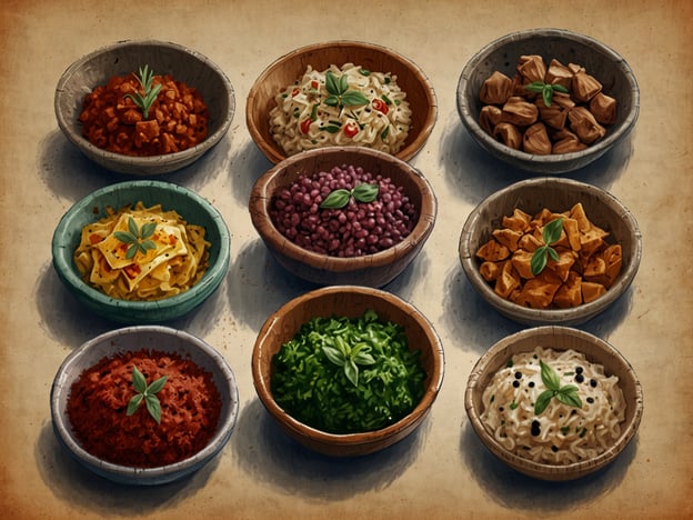 Auf dem Bild sind verschiedene Schüsseln mit typischen libanesischen Gerichten zu sehen. Einige kulinarische Höhepunkte des Libanon, die dargestellt sein könnten, sind:
1. **Tabbouleh** – ein frischer Salat aus Petersilie, Tomaten, Bulgur und Minze.
2. **Fattoush** – ein bunter Salat mit frischem Gemüse und geröstetem Fladenbrot.
3. **Hummus** – ein püriertes Kichererbsen-Dip, oft mit Sesampaste und Zitrone.
4. **Baba Ganoush** – ein Auberginen-Dip, ähnlich wie Hummus.
5. **Kibbeh** – ein beliebtes Gericht aus Hackfleisch und Bulgur, oft in verschiedenen Variationen.
6. **Mujadara** – ein Gericht aus Linsen, Reis und karamellisierten Zwiebeln.
Diese Vielfalt zeigt die reichhaltige und aromatische libanesische Küche.