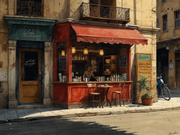 Auf dem Bild ist ein charmantes Café zu sehen, das eine harmonische Verbindung zwischen Tradition und Moderne verkörpert. Die alte Gebäudefassade mit ihren historischen Elementen strahlt ein Gefühl von Vergangenheit und Authentizität aus, während das einladende rote Café-Schild und die moderne Inneneinrichtung einen zeitgenössischen Akzent setzen.Hier trifft das traditionelle Kaffeekultur-Erlebnis auf moderne Gastronomie. Die Tische im Freien laden dazu ein, die Umgebung zu genießen und Gespräche bei einem Getränk zu führen. Diese Szenerie ist ein Beispiel dafür, wie alte Traditionen in einem modernen Lebensstil integriert werden können, wodurch eine lebendige, einladende Atmosphäre entsteht. Die Pflanzen und die sanfte Beleuchtung schaffen zusätzlich eine gemütliche Stimmung, die sowohl Einheimische als auch Touristen anzieht.