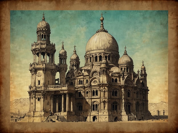 Das Bild zeigt ein beeindruckendes architektonisches Gebäude, das an die prunkvollen Bauwerke historischer Königreiche erinnert, beispielsweise an die prachtvollen Paläste des Osmanischen Reiches oder an die Kathedralen im Heiligen Römischen Reich.Solche Bauten symbolisieren oft den Einfluss und den Reichtum einer Dynastie sowie deren kulturelle Bedeutung. Die Verwendung von Kuppeln und Türmen verweist zudem auf den byzantinischen oder arabischen Baustil, der in vielen historischen Königreichen, wie dem Byzantinischen Reich oder dem Abbasiden-Kalifat, vorherrschend war.In der Geschichte verkörperten solche Gebäude nicht nur die Macht der Monarchen, sondern dienten auch religiösen und gesellschaftlichen Zwecken, indem sie als Versammlungsorte, Tempel oder Residenzen genutzt wurden.