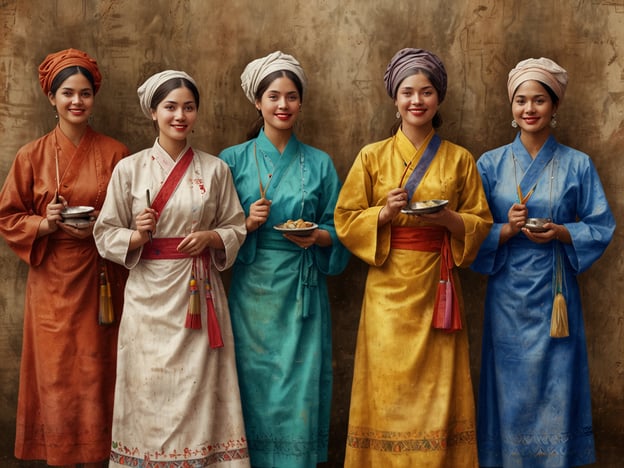 Auf dem Bild sind fünf Frauen zu sehen, die traditionelle Gewänder tragen, die von verschiedenen Kulturen inspiriert sein könnten. Diese Kleidung ist oft ein wichtiger Bestandteil des kulturellen Erbes und der Traditionen eines Volkes.Die unterschiedlichen Farben und Stile der Gewänder sowie die Art und Weise, wie die Frauen ihre Haare gebunden haben, könnten auf spezifische regionale oder historische Traditionen hinweisen.Zusätzlich scheinen sie traditionelle Essutensilien wie Teller und Stäbchen zu halten, was auf die Bedeutung von Essen und Gastfreundschaft in vielen Kulturen hinweist. Solche Szenen sind oft bei Festen oder besonderen Anlässen zu sehen, wo Gemeinschaft und gemeinsame Bräuche zelebriert werden.