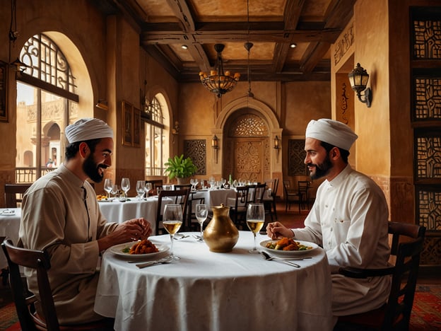 Auf dem Bild ist ein elegantes Restaurant zu sehen, das eine harmonische Fusion von Luxus und Tradition verkörpert. Zwei Männer, gekleidet in traditionelle Gewänder, sitzen an einem Tisch, der mit feinem Geschirr und Gläsern gedeckt ist. Der Raum strahlt eine warme Atmosphäre aus, geprägt von stilvollen architektonischen Elementen und einer geschmackvollen Einrichtung.
Die kulinarischen Höhepunkte stehen im Mittelpunkt: Die Speisen wirken ansprechend präsentiert, und es scheint, dass die beiden Herren das Essen in vollen Zügen genießen. Das Zusammenspiel von exquisite Küche und traditioneller Gastfreundschaft bietet ein einzigartiges Erlebnis, das nicht nur den Gaumen, sondern auch die Sinne anspricht.