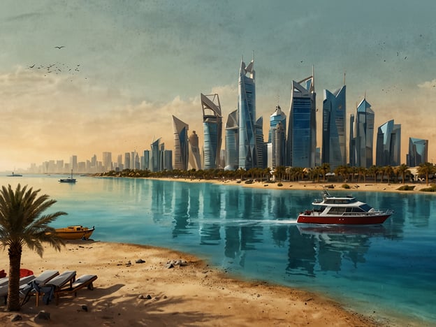 **Bahrain entdecken.** Auf dem Bild ist eine malerische Küstenansicht von Bahrain zu sehen. Im Vordergrund befinden sich eine entspannte Strandlandschaft mit Liegen und Palmen, während im Wasser ein kleines Boot fährt. Der Hintergrund wird von einer modernen Skyline dominiert, die mit futuristisch gestalteten Wolkenkratzern beeindruckt. Die ruhigen Gewässer reflektieren die Architektur und schaffen eine friedliche Atmosphäre. Die Szene vermittelt ein Gefühl von Urlaub und urbanem Leben in harmonischer Verbindung.