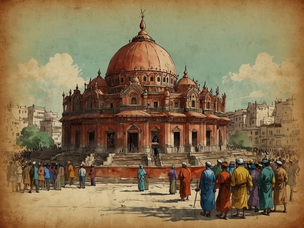 Auf dem Bild ist ein beeindruckendes architektonisches Bauwerk mit einer majestätischen Kuppel zu sehen, das von einer Menschenmenge umgeben ist. Diese Art von Struktur erinnert an traditionelle indische Tempel oder historische Monumente, die oft mit aufwendig gestalteten Fassaden und kulturellen Verzierungen geschmückt sind.Die Darstellung vermittelt eine Atmosphäre von Feierlichkeit oder Pilgerfahrt, was darauf hindeutet, dass dieses Gebäude möglicherweise einen religiösen oder kulturellen Kontext hat. Solche Orte sind häufig Zentren für spirituelle Praktiken und Gemeinschaftsversammlungen und zeugen von der reichen kulturellen Geschichte einer Region. Die verschiedenen Kleidung der Personen spiegelt zudem die Diversität und Traditionen wider, die in vielen Gemeinschaften zu finden sind.Insgesamt fängt das Bild eine lebendige Szene ein, die das kulturelle Erbe und die soziale Interaktion in einer historischen Umgebung betont.