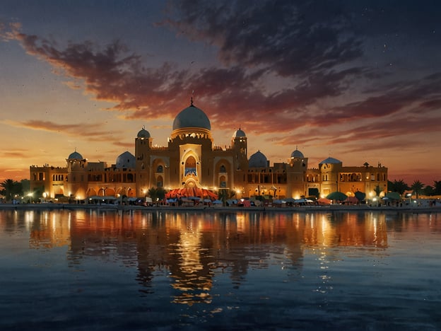 Auf dem Bild ist ein prächtiges Gebäude am Wasser zu sehen, das in warmen Lichttönen erstrahlt, vermutlich während der Dämmerung. Die Architektur weist orientalische Elemente auf, mit charakteristischen Kuppeln und Bögen.Aktivitäten, die dort stattfinden könnten, wären:1. **Abendliche Spaziergänge**: Die malerische Umgebung lädt zu entspannten Spaziergängen entlang des Wassers ein.2. **Fotografieren**: Viele Besucher könnten die beeindruckende Kulisse nutzen, um wunderschöne Erinnerungsfotos zu machen.3. **Kulturelle Veranstaltungen**: In solchen Orten finden oft kulturelle Darbietungen oder Feierlichkeiten statt, die Einblicke in die lokale Tradition bieten.4. **Essen und Trinken**: Es könnte zahlreiche Restaurants oder Stände geben, die regionale Spezialitäten anbieten, ideal für ein geselliges Abendessen oder einen Snack.5. **Bootstouren**: Das Gewässer lädt möglicherweise zu Bootsausflügen ein, die ein einzigartiges Erlebnis bieten und eine andere Perspektive auf das Gebäude ermöglichen.Insgesamt vermittelt das Bild eine Atmosphäre von Schönheit und kulturellem Reichtum, die zu unvergesslichen Erlebnissen einlädt.
