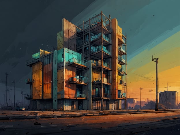 Auf dem Bild ist ein unvollendetes oder verfallenes Gebäude zu sehen, das möglicherweise in einem städtischen Kontext steht. Diese Darstellung könnte symbolisch für die rasante Urbanisierung und die architektonischen Entwicklungen Kuwaits im 20. Jahrhundert stehen.Im 20. Jahrhundert erlebte Kuwait einen signifikanten Wandel, insbesondere nach der Entdeckung von Erdöl in den 1930er Jahren. Der Reichtum aus dem Öl führte zu umfangreichen Infrastrukturprojekten, urbanen Entwicklungen und einer schnellen Modernisierung. Die Architektur veränderte sich dramatisch, und viele moderne Gebäude wurden errichtet, während gleichzeitig traditionelle Elemente integriert wurden.Das Bild könnte eine Reflexion dieser urbanen Transformation sein, wobei das unvollendete oder bröckelnde Aussehen des Gebäudes auch auf die Herausforderungen und Rückschläge hinweisen kann, die Kuwait im Laufe seiner Entwicklung erlebte, einschließlich Konflikte und wirtschaftliche Schwankungen.