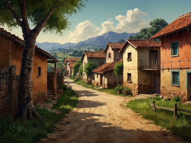 Auf dem Bild ist eine malerische ländliche Straße zu sehen, die von traditionellen Häusern mit Ziegeldächern umgeben ist. Diese Art von Dörfern verkörpert oft die Geschichten einfacher, aber reicher Lebensweisen.Traditionelle Dörfer zeichnen sich häufig durch enge Gemeinschaften aus, in denen Nachbarn einander helfen und kulturelle Bräuche lebendig gehalten werden. Viele dieser Dörfer haben historische Wurzeln, in denen Handwerk, Landwirtschaft und Feste eine zentrale Rolle spielten.Die Landschaft im Hintergrund, mit sanften Hügeln oder Bergen, spiegelt die Verbindung der Dorfbewohner zur Natur wider. Hier finden sich oft Erzählungen über die Bewahrung des Erbes, über Traditionen, die von Generation zu Generation weitergeben werden, und über die Herausforderungen, die die moderne Welt mit sich bringt.Solche Dörfer sind nicht nur geografische Orte, sondern Lebensräume voller Geschichten, in denen die Zeit scheinbar stillsteht und die Erinnerungen an früher lebendig bleiben.