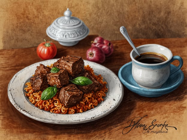 Auf dem Bild ist ein kulinarisches Gericht zu sehen, das in seiner Präsentation an die orientalische Küche erinnert. Es zeigt ein Gericht mit zuckerhaltigen oder würzigen Kochstücken, die vermutlich aus Lamm oder Rind zubereitet sind, serviert auf einer Basis von Nudeln. Ein paar frische Kräuter, möglicherweise Basilikum, verleihen dem Gericht Farbe und Frische.Im Oman sind die kulinarischen Entdeckungen vielfältig. Die omanische Küche kombiniert Aromen und Gewürze aus verschiedenen Kulturen, häufig mit Zutaten wie Reis, Fleisch und frischem Gemüse. Ein häufiges Element ist der Kaffee, oft stark und mit einer besonderen Zubereitungsart, die auch auf dem Bild zu sehen ist. Diese Kombination aus traditioneller Zubereitung und aromatischen Gewürzen spiegelt die Esskultur des Oman wider.