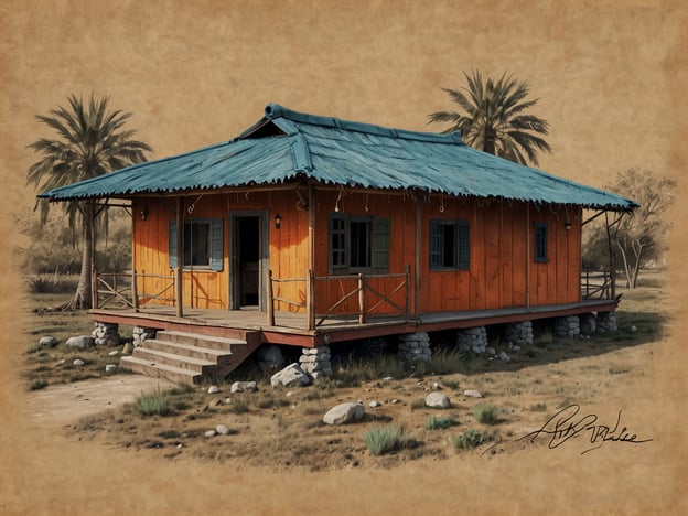 Auf dem Bild ist ein buntes Holzhaus mit einem blauen Dach zu sehen, das sich in einer naturnahen Umgebung mit Palmen und einer offenen Fläche befindet. Dieses Szenario könnte gut in den Kontext des nachhaltigen Tourismus im Oman passen, da der Oman für seine einzigartigen Landschaften und traditionellen Bauten bekannt ist.Nachhaltiger Tourismus im Oman fördert den Erhalt der lokalen Kultur und Umwelt. Ferienunterkünfte wie das dargestellte Haus könnten den Touristen ermöglichen, die traditionellen Lebensweisen der Omanis zu erleben, während gleichzeitig auf ökologische Praktiken geachtet wird. Solche Projekte unterstützen nicht nur die lokale Wirtschaft, sondern tragen auch zur Bewahrung der Natur und Kulturgüter bei.