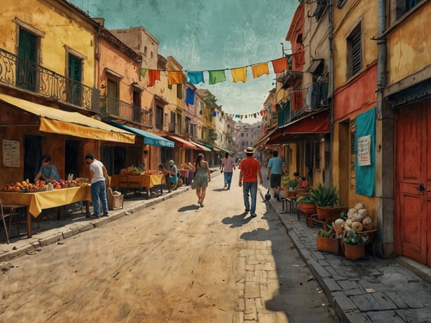 Auf dem Bild ist eine belebte Straße mit bunten Ständen zu sehen, die Gemüse und Obst verkaufen. Die Architektur der Gebäude zeigt verschiedene Farben und Stile, die eine lebendige Atmosphäre schaffen. Diese Art von Märkten und Straßen ist charakteristisch für viele Kulturen, einschließlich der Vielfalt im Jemen.Im Jemen spiegelt sich die kulturelle Vielfalt in den traditionellen Märkten wider, die nicht nur als Handelsplätze, sondern auch als soziale Treffpunkte dienen. Die Vielfalt der Stände präsentiert verschiedene lokale Produkte und Gewerke, die die unterschiedlichen ethnischen und kulturellen Gruppen im Land repräsentieren. Solche Märkte sind oft mit lebhaften Farben, Gerüchen und Klängen erfüllt, die das reiche kulturelle Erbe des Jemen widerspiegeln.