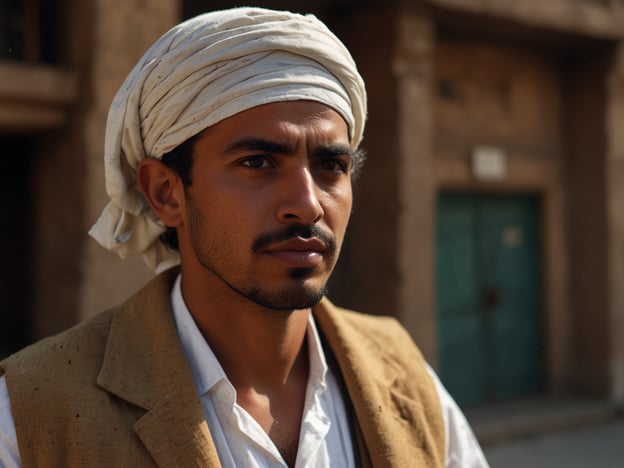 Auf dem Bild ist ein junger Mann zu sehen, der traditionelle Kleidung trägt und einen Turban auf dem Kopf hat.**Herausforderungen:** Der Mann könnte in einem Umfeld leben, das von sozialen oder wirtschaftlichen Schwierigkeiten geprägt ist. Traditionelle Kleidung kann auf einen bestimmten kulturellen oder regionalen Kontext hinweisen, in dem Veränderung und Anpassung an modernere Lebensweisen eine Herausforderung darstellen.**Chancen:** Gleichzeitig symbolisiert seine Ausdrucksweise möglicherweise Stärke und Entschlossenheit. In einer globalisierten Welt könnten solche kulturellen Merkmale auch als Chance gesehen werden, um Identität und Traditionen zu bewahren, während man gleichzeitig neue Möglichkeiten in Bildung und Beruf ergreift.