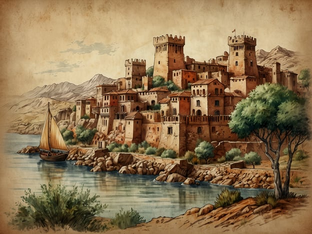 Auf dem Bild ist eine malerische Küstenstadt zu sehen, die von einer beeindruckenden Burg oder Festung dominiert wird. Die Architektur der Gebäude zeigt einen historischen Stil, der an vergangene Zeiten erinnert. Im Vordergrund fährt ein Segelboot auf dem ruhigen Wasser, während im Hintergrund sanfte Hügel und Berge zu sehen sind.Einführung in Israel: Ein Land der Kontraste. In Israel verbinden sich moderne und alte Elemente in einer einzigartigen Weise. Die historischen Stätten laden zu Erkundungen ein, während die atemberaubende Natur und die Küstenlinie faszinierende Ausblicke bieten. Israel ist geprägt von reicher Geschichte, religiösem Erbe und einer vielfältigen Kultur, die sich in jedem Winkel des Landes widerspiegelt.