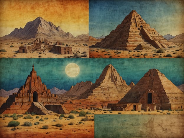 Auf dem Bild sind vier verschiedene religiöse Stätten dargestellt, die möglicherweise inspiriert sind von historischen Kulturen.1. **Oben links**: Eine alte Tempelanlage mit einer Treppe, umgeben von Bergen und Wüste. Diese Struktur könnte an antike Zivilisationen wie die der Maya oder Azteken erinnern.2. **Oben rechts**: Eine pyramidenartige Struktur, die an die Pyramiden von Gizeh in Ägypten denken lässt, auch sie steht in einer Wüstenlandschaft.3. **Unten links**: Ein beeindruckender Tempelbau mit einer markanten Spitze und breiten Stufen. Dieser Stil könnte an hinduistische oder buddhistische Tempelarchitektur anspielen.4. **Unten rechts**: Eine weitere pyramidenartige Struktur, die an mesoamerikanische Pyramiden erinnert, umgeben von einer kargen Wüstenlandschaft.Insgesamt zeigen die Bilder charakteristische Merkmale religiöser Architektur aus verschiedenen Kulturen und Epochen.
