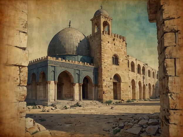 Auf dem Bild ist eine historische Architektur zu sehen, die wahrscheinlich eine moscheenähnliche Struktur mit einer Kuppel und ornamentalen Verzierungen darstellt. Diese Art von Bauwerken ist typisch für die islamische Architektur in der Region und könnte auf die reiche Geschichte Palästinas hindeuten.Palästina hat eine komplexe Geschichte, die von verschiedenen Kulturen und Religionen geprägt ist. Die Region ist historisch gesehen als ein wichtiger Knotenpunkt für den Handel und als religiöses Zentrum für Juden, Christen und Muslime bekannt. Über die Jahrhunderte hinweg haben verschiedene Zivilisationen, darunter die Römer, Byzantiner und Osmanen, ihre Spuren hinterlassen, was sich in der vielfältigen Architektur und den archäologischen Stätten widerspiegelt. Die vorliegende Struktur könnte also Teil dieses kulturellen Erbes sein, das die lange und reiche Geschichte dieser Region verdeutlicht.