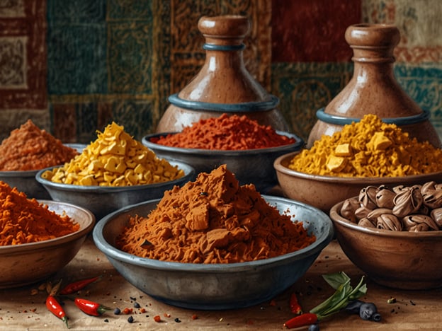 Auf dem Bild sind verschiedene Gewürze in traditionellen Schalen zu sehen, die typisch für die tunesische Küche sind. Diese Gewürze sind essenziell für viele kulinarische Höhepunkte Tunesiens, wie:- **Harissa**: Eine scharfe Paste aus Chilischoten, die in vielen Gerichten verwendet wird.- **Kreuzkümmel**: Oft verwendet in Tajines und anderen Fleischgerichten.- **Koriander**: Ein wichtiges Gewürz, das den Geschmack vieler Tunesischer Speisen ergänzt.- **Kurkuma**: Verleiht Gerichten eine goldene Farbe und einen würzigen Geschmack.- **Zimt**: Wird in sowohl herzhaften als auch süßen Speisen verwendet.Diese Gewürze sind nicht nur geschmacklich bedeutend, sondern auch ein Teil des kulturellen Erbes Tunesiens.