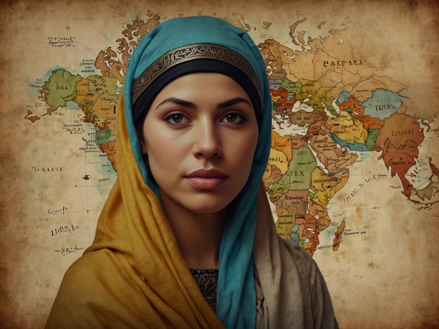 Auf dem Bild ist eine Frau zu sehen, die ein Kopftuch trägt, vor einer alten Weltkarte, die verschiedene Regionen zeigt. Die islamische Eroberung, die im 7. und 8. Jahrhundert stattfand, führte zu einer weitreichenden Ausbreitung des Islams über das Timur, Nordafrika, den Nahen Osten und Teile von Europa. Diese Eroberungen hatten tiefgreifende Auswirkungen auf Kultur, Wissenschaft und Handel in den eroberten Gebieten.Durch die Verbreitung der islamischen Kultur entstand ein Austausch von Wissen, insbesondere in den Bereichen Mathematik, Medizin und Philosophie, was zur Entwicklung der europäischen Renaissance beitrug. Die Eroberungen beeinflussten auch das soziale und politische Leben in vielen Regionen.