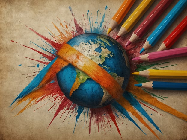 Das Bild zeigt eine künstlerische Darstellung der Erde, umgeben von bunten Farbspritzern und Buntstiften. Diese symbolische Komposition könnte verschiedene Themen ansprechen, wie die Bedeutung von Frieden, Kreativität und dem globalen Zusammenhalt.Im Kontext von Libyen im 21. Jahrhundert spiegelt das Bild möglicherweise die Herausforderungen und den hoffnungsvollen Neuanfang wider, den das Land nach dem Sturz von Muammar al-Gaddafi im Jahr 2011 erlebt hat. Die Farben und die kreative Darstellung könnten für den Wunsch nach Stabilität, Frieden und einer neuen Identität stehen, die viele Libyer nach Jahren des Konflikts anstreben.