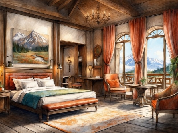 Auf dem Bild ist ein gemütliches und stilvolles Zimmer mit einem großen Bett, einem Schreibtisch, einem kleinen Tisch und Stühlen sowie großen Fenstern zu sehen. Die Einrichtung ist warm und rustikal, mit Holzmaterialien und einer schönen Aussicht auf die Berge.
In der Nähe des Parks könnten folgende Übernachtungsmöglichkeiten interessant sein:
1. **Hotel Alpenglühen**: Bietet rustikale Zimmer mit Blick auf die Berge und ist nur wenige Minuten vom Park entfernt.
2. **Berghütte Naturtraum**: Eine charmante Berghütte, ideal für Naturliebhaber, mit direktem Zugang zu Wanderwegen.
3. **Gasthof Panorama**: Ein gemütliches Gasthaus mit regionaler Küche und Blick auf die umliegende Natur.
Diese Optionen bieten sowohl Komfort als auch Nähe zur Natur, ideal für einen erholsamen Aufenthalt.