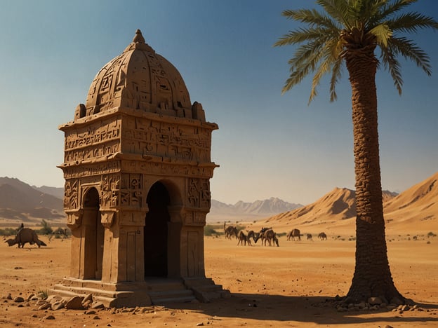 Auf dem Bild ist eine kunstvolle Struktur in der Wüste zu sehen, die wie ein altes Denkmal aussieht, umgeben von einer kargen, sandigen Landschaft mit Palmen und einer Gruppe von Kamelen in der Hintergrund.Wenn du eine Reise in den Sudan planst, hier sind einige Tipps:1. **Kultur und Geschichte**: Besuche die antiken Pyramiden von Meroë, die eine faszinierende Geschichte bieten und spektakuläre Fotomöglichkeiten bieten.2. **Essen**: Probier lokale Spezialitäten wie Ful Medames (gegarte Bohnen) und Kisra (ein Fladenbrot).3. **Kleidung**: Da der Sudan eine heiße Wüste ist, empfehle bequeme, luftige Kleidung, die deine Haut vor Sonne schützt.4. **Wasser und Hygiene**: Trage immer ausreichend Wasser bei dir und stelle sicher, dass du hygienisch empfindliche Lebensmittel konsumierst.5. **Respektiere die Traditionen**: Informiere dich über die lokalen Bräuche und zeige Respekt gegenüber den Traditionen der Bevölkerung, besonders in ländlichen Gebieten.Eine Reise in den Sudan kann eine aufregende Entdeckung von Kultur und Natur sein!