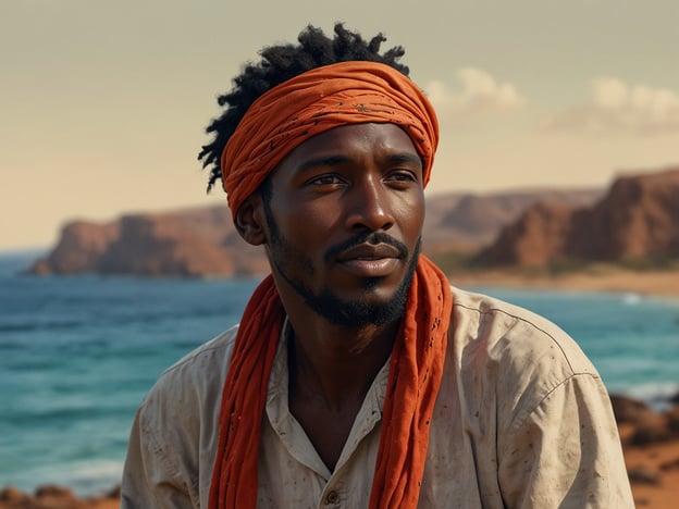 Auf dem Bild könnte man sich eine abenteuerliche Reise vorstellen, die entlang einer malerischen Küstenlinie führt. Der Mann, der entspannt schaut, könnte gerade eine Pause während einer aufregenden Expedition machen, vielleicht nach einer Wanderung durch das Gelände oder einem Tauchgang im klaren Wasser.Solche Erlebnisse könnten das Entdecken versteckter Buchten, das Erkunden unberührter Strände oder das Erleben von lokalen Kulturen umfassen. Die schöne Landschaft im Hintergrund lädt zu weiteren Abenteuern ein, sei es das Klettern auf Felsen oder das Erkunden der umliegenden Natur.