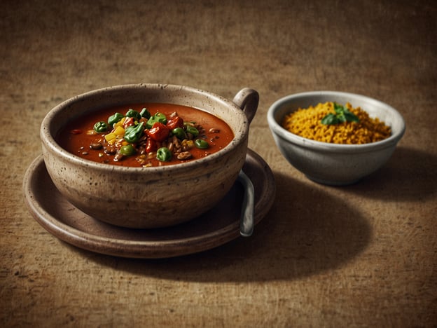 Auf dem Bild ist eine Schüssel mit einer roten Suppe zu sehen, garniert mit Gemüse wie grünen und roten Paprika sowie Erbsen. Daneben befindet sich eine kleine Schale mit goldgelbem, wahrscheinlich gewürztem Getreide oder Couscous.In Äthiopien sind Essen und Trinken reich an Traditionen. Typische Gerichte sind injera, ein saures Fladenbrot, und verschiedene Arten von Wats, die oft mit Fleisch, Gemüse und einer Vielzahl von Gewürzen zubereitet werden. Gewürze wie Berbere, eine Mischung aus Chili und anderen Gewürzen, sind häufige Zutaten. Zu den Getränken gehören Tee und Kaffee, wobei Kaffee in Äthopien eine besondere kulturelle Bedeutung hat.