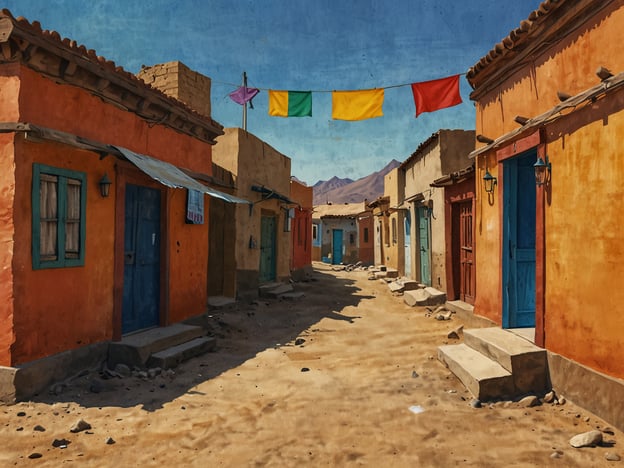 Auf dem Bild ist eine farbenfrohe, ruhige Straße zu sehen, gesäumt von kleinen Häusern mit leuchtenden Fassaden in Orange und Blau. Über der Straße hängen bunte Fahnen, die eine freundliche Atmosphäre schaffen.Im Kontext von nachhaltigem Tourismus in Eritrea könnten ähnliche Szenen in traditionellen Dörfern oder Städten auftreten, wo die lokale Kultur und Architektur bewahrt werden. Nachhaltiger Tourismus fördert den Schutz dieser einzigartigen kulturellen Erbes und bietet Besuchern die Möglichkeit, die authentische Lebensweise der Menschen in Eritrea kennenzulernen, während gleichzeitig die Umwelt und die Gemeinschaften respektiert werden. Initiativen könnten z.B. lokale Führungen, handwerkliche Workshops und die Nutzung von regionalen Produkten umfassen, um die Wirtschaft vor Ort zu unterstützen.