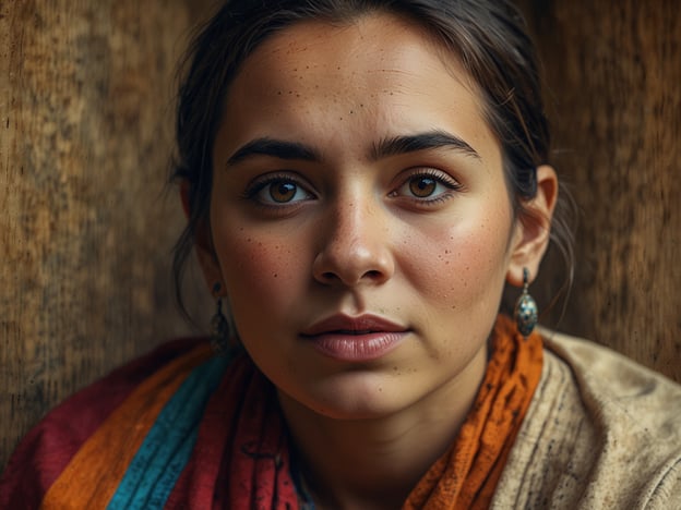 Auf dem Bild ist eine junge Frau mit einem Ausdruck, der sowohl Stärke als auch Sanftheit vermittelt. Sie trägt ein buntes Tuch, das möglicherweise traditionelle Bedeutung hat, und ihre Ohrringe könnten kulturell spezifisch sein, was auf ihre Herkunft hinweisen könnte.In vielen Kulturen sind Tücher und Schmuck wichtige Elemente der Identität und Tradition. Sie können nicht nur den persönlichen Stil ausdrücken, sondern auch den sozialen Status, das Alter oder regionale Zugehörigkeit anzeigen. Bunte Farben wie die im Bild können oft fröhliche Anlässe oder Feierlichkeiten symbolisieren.Der Gesichtsausdruck der Frau könnte auch eine Geschichte oder emotionale Tiefe vermitteln, was in der Porträtkunst häufig einen zentralen Aspekt darstellt. Die Verbindung von Tradition und individueller Ausdrucksweise ist in vielen Kulturen ein wichtiger Bestandteil des sozialen Lebens.