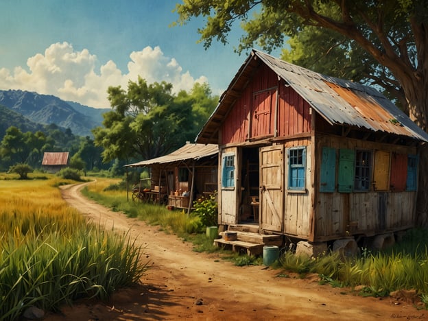 Auf dem Bild ist eine ländliche Szene zu sehen, die möglicherweise in Madagaskar spielt. Die beiden einfachen Holzhäuser mit bunten Fensterläden und das umgebende Grüne könnten auf eine kleine Gemeinde hindeuten, die in Harmonie mit der Natur lebt.Nachhaltiger Tourismus in Madagaskar könnte hier durch die Förderung solcher ländlichen Gemeinschaften unterstützt werden. Besucher könnten lokale Traditionen kennenlernen, handwerkliche Produkte erwerben und gleichzeitig zur Erhaltung der natürlichen Umgebung beitragen. Diese Art von Tourismus könnte dazu beitragen, die wirtschaftliche Situation der Bewohner zu verbessern, ohne die Umwelt zu schädigen.