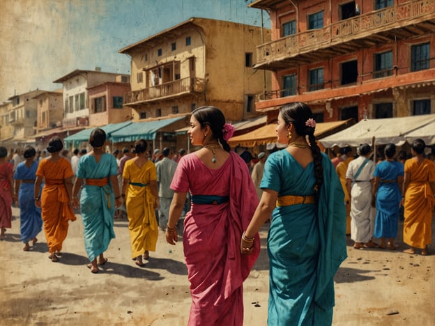 Auf dem Bild sind mehrere Frauen in traditionellen saris zu sehen, die durch eine belebte Straße gehen. Die Farben der Saris sind leuchtend und vielfältig, was auf kulturelle Feste oder besondere Anlässe hinweist. Solche traditionellen Kleidungsstücke sind oft mit regionalen Bräuchen und Festlichkeiten verbunden, wie Hochzeiten oder Erntefesten.Die Frauen scheinen Teil einer Gemeinschaft zu sein, was auf die Bedeutung von sozialen Bindungen und gemeinschaftlichen Feierlichkeiten in vielen Kulturen hinweist. Märkte und belebte Straßen sind häufig Orte, wo kulturelle Traditionen, Nahrung und soziale Interaktionen gebündelt aufeinandertreffen. Solche Szenen spiegeln die lebendige Vielfalt von Traditionen und sozialen Erlebnissen in ländlichen oder städtischen Gebieten wider.