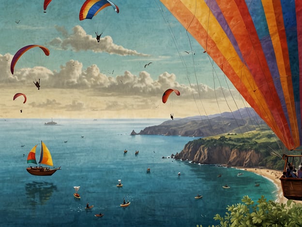 Auf dem Bild sind verschiedene Aktivitäten und Erlebnisse in einer malerischen Küstenlandschaft zu sehen. Im Vordergrund schwebt ein Heißluftballon über dem Wasser, was ein Gefühl von Abenteuer und Freiheit vermittelt. Von diesem Ballon aus kann man die atemberaubende Aussicht genießen.Darunter sind mehrere Paraglider, die majestätisch durch die Luft gleiten, was auf ein aufregendes Erlebnis im Gleitschirmfliegen hinweist. In der ruhigen See sichtbar, sind zahlreiche Boote unterwegs, einige davon mit bunten Segeln. Diese Boote könnten für entspannte Angelausflüge oder gemütliche Bootsfahrten genutzt werden.Die gesamte Szene strahlt eine Atmosphäre der Erholung und des Abenteuers aus, ideal für begeisterte Naturliebhaber und Adrenalinjunkies.