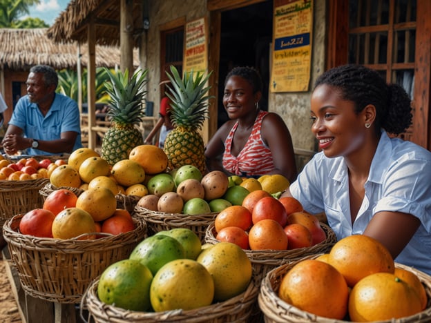 Auf dem Bild sind verschiedene köstliche Früchte zu sehen, die in Körben auf einem Markt präsentiert werden. Die bunten Obstsorten, darunter Mangos, Ananas und andere tropische Früchte, laden zu kulinarischen Entdeckungen ein. Die freundlichen Verkäuferinnen und der Verkäufer vermitteln einladende Atmosphäre, die typisch für lokale Märkte ist. Frisches Obst wie dieses ist nicht nur lecker, sondern bietet auch eine hervorragende Grundlage für verschiedene Gerichte, Smoothies oder einfach als erfrischender Snack. Diese Art von Marktbesuch ist eine wunderbare Möglichkeit, die Aromen und Kulturen der Region kennenzulernen.