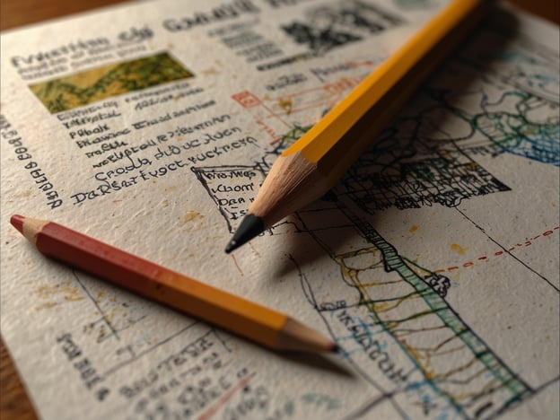 Auf dem Bild sind zwei Buntstifte und eine Karte zu sehen, die mit handschriftlichen Notizen und Zeichnungen versehen ist. Solche Karten können nützlich sein, um Reiseziele zu planen oder Notizen zu wichtigen Orten zu machen.
### Reisetipps und praktische Informationen:
1. **Karten benutzen**: Verwende eine detaillierte Karte, um die Umgebung zu erkunden. Notiere dir interessante Sehenswürdigkeiten oder Restaurants, die dir empfohlen wurden.
2. **Vorbereitung ist alles**: Plane deine Route im Voraus. Das Skizzieren oder Markieren von Highlights auf der Karte kann die Navigation erleichtern.
3. **Stifte mitnehmen**: Halte immer einen Stift oder Bleistift bereit, um spontane Ideen, Routenänderungen oder Empfehlungen festzuhalten.
4. **Lokale Tipps**: Sprich mit Einheimischen oder anderen Reisenden, um Insiderinformationen zu erhalten. Diese kannst du auf deiner Karte vermerken.
5. **Nachhaltiges Reisen**: Wenn deine Karte aus recyceltem Material besteht, ist das umweltfreundlich. Achte bei deinen Reisen auf nachhaltige Praktiken.
6. **Kreativität beim Reisen**: Nutze die Karte nicht nur als Navigationshilfe, sondern auch als Tagebuch, in dem du deine Eindrücke festhältst.
Viel Spaß beim Entdecken neuer Orte!