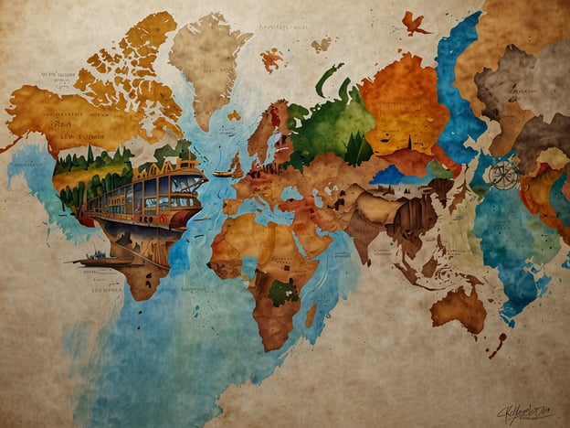 Das Bild zeigt eine künstlerische Weltkarte, die in bunten Farben gestaltet ist. Es sind verschiedene Regionen und Kontinente abgebildet, wobei einige spezielle Details, wie Schiffe und Landschaften, hervorgehoben werden.
**Herausforderungen:**
- Die Vielfalt der Kulturen und Landschaften kann ebenfalls als Herausforderung gesehen werden, da sie unterschiedliche Bedürfnisse und Erwartungen an die globalen Beziehungen mit sich bringt.
- Eine solche Darstellung könnte auch die Herausforderung verdeutlichen, die globale Erwärmung und ihren Einfluss auf viele der abgebildeten Regionen zu bewältigen.
**Chancen:**
- Die künstlerische Darstellung bietet die Chance, geografische und kulturelle Unterschiede auf inspirierende Weise zu vermitteln und das Bewusstsein für globale Themen zu schärfen.
- Zudem könnte die Karte Reisende und Entdecker anregen, neue Orte zu erkunden und deren Einzigartigkeit wertzuschätzen.