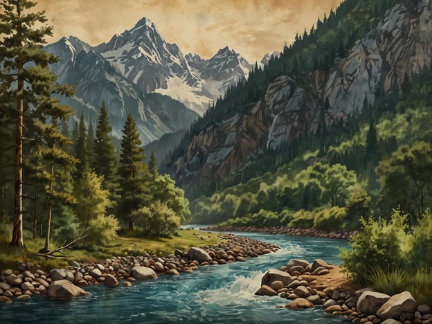 Auf dem Bild ist eine wunderschöne Landschaft mit majestätischen Bergen, dichten Wäldern und einem klaren Fluss zu sehen. Diese Kulisse bietet viele Möglichkeiten für abenteuerlustige Aktivitäten:1. **Wandern**: Entdecken Sie die Bergpfade und genießen Sie die atemberaubende Aussicht auf die Natur.2. **Kajakfahren**: Paddeln Sie den Fluss entlang und erleben Sie das Wasser hautnah.3. **Camping**: Verbringen Sie eine Nacht unter den Sternen, umgeben von der Stille des Waldes.4. **Klettern**: Nutzen Sie die Felsen für ein spannendes Kletterabenteuer.5. **Fotografie**: Halten Sie die Schönheit der Landschaft mit Fotos fest.Diese Aktivitäten sind perfekt für alle, die die Natur und das Abenteuer lieben!