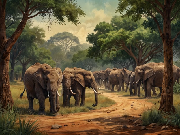Auf dem Bild sind eine Gruppe von Elefanten zu sehen, die durch eine savannenähnliche Landschaft gehen. Diese Tiere sind ein wichtiges Symbol der afrikanischen Tierwelt und spielen eine bedeutende Rolle in der Kultur und Geschichte Simbabwes.Simbabwe ist bekannt für seine beeindruckenden Nationalparks, wie den Hwange Nationalpark, wo große Elefantenherden leben. Der Schutz dieser majestätischen Tiere ist entscheidend für das Ökosystem und die touristische Wirtschaft des Landes. Die Geschichten und Traditionen der einheimischen Völker sind oft eng mit diesen Tieren verbunden, und Elefanten werden als Wesen mit Weisheit und Stärke angesehen.
