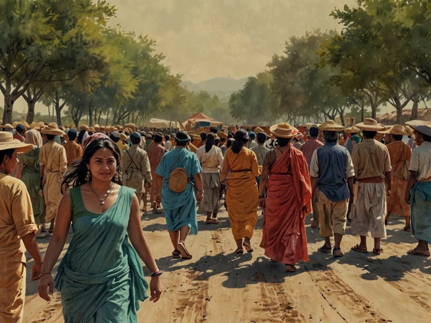 Auf dem Bild ist eine lebendige Szene zu sehen, die eine Gruppe von Menschen zeigt, die durch eine belebte Straße zieht. Die Vielfalt der Kleidung und Farben zeigt kulturelle Unterschiede und Traditionen. Im Vordergrund steht eine Frau in einem auffälligen grünen Outfit, während die anderen Menschen in bunten, traditionellen Gewändern gekleidet sind.Die Umgebung ist von Bäumen gesäumt, und die Atmosphäre wirkt geschäftig und festlich, was auf eine kulturelle Veranstaltung oder Feier hindeutet. Solche Begegnungen sind oft reich an Abenteuern und ermöglichen den Austausch von Traditionen und Geschichten zwischen verschiedenen Kulturen. Die Darstellung weckt den Eindruck von Gemeinsamkeit und dem Entdecken neuer Perspektiven im Rahmen einer lebhaften Gemeinschaft.