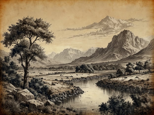 Das Bild zeigt eine malerische Landschaft mit Bergen im Hintergrund, einem ruhigen Fluss und Bäumen an den Ufern. Die Szenerie wirkt friedlich und ist in sanften Brauntönen gehalten, was ihr einen nostalgischen Charakter verleiht.Angola, ein Land im Südwesten Afrikas, ist bekannt für seine beeindruckenden Landschaften, von Küstenlinien bis zu Bergen und Flüssen. Die Vielfalt der Natur ist ein bedeutender Teil der Kultur und Traditionen des Landes.