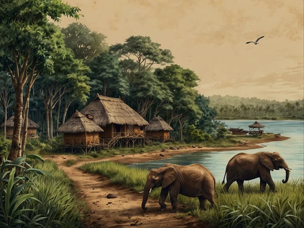 Auf dem Bild ist eine malerische Landschaft zu sehen, die ein ruhiges Flussufer mit traditionell gebauten Hütten und Elefanten zeigt. Diese Szene könnte in Gabun angesiedelt sein, wo die natürliche Schönheit und die Artenvielfalt eine wichtige Rolle für den Tourismus spielen.Nachhaltigkeit im Tourismus ist in Gabun von großer Bedeutung, da das Land reiche Regenwälder und eine einzigartige Tierwelt bietet. Die traditionelle Architektur in der Bildmitte zeigt, wie lokale Gemeinschaften im Einklang mit der Natur leben können, was zu einem verantwortungsvollen Tourismus beiträgt. Solche Reiseerlebnisse fördern umweltbewusstes Reisen und unterstützen die Erhaltung der Natur und ihrer Bewohner.